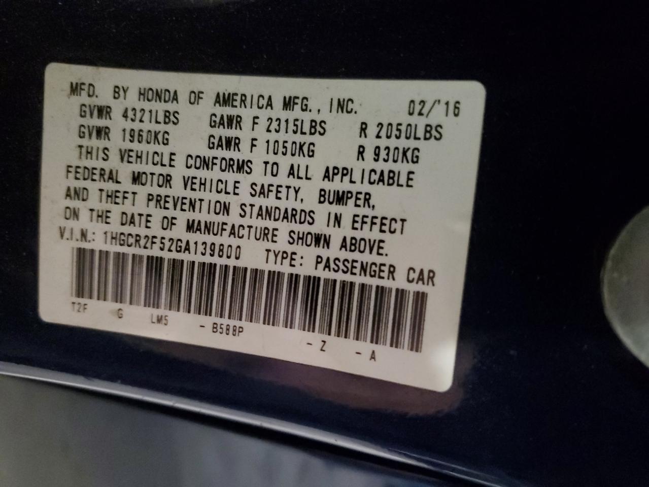 2016 HONDA ACCORD