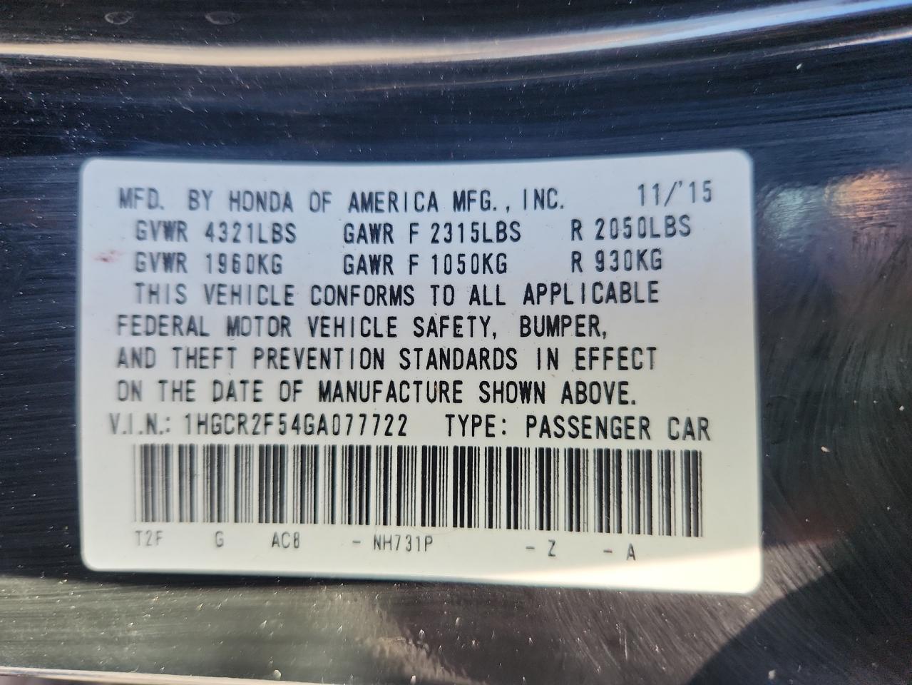 2016 HONDA ACCORD