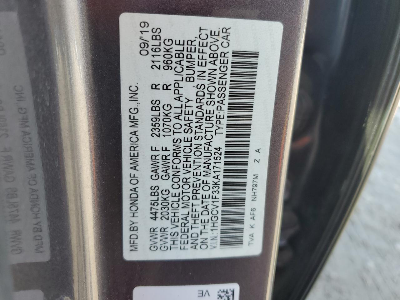 2019 HONDA ACCORD