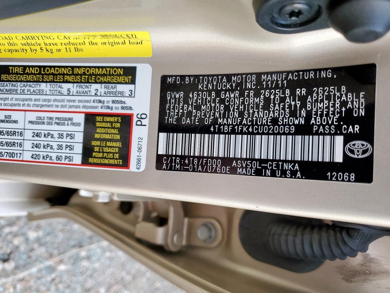 2012 TOYOTA CAMRY