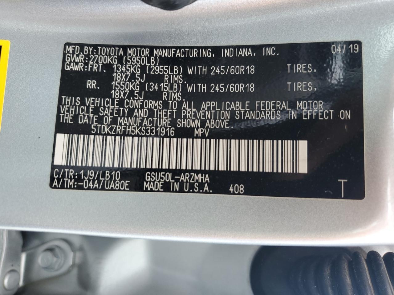 2019 TOYOTA HIGHLANDER