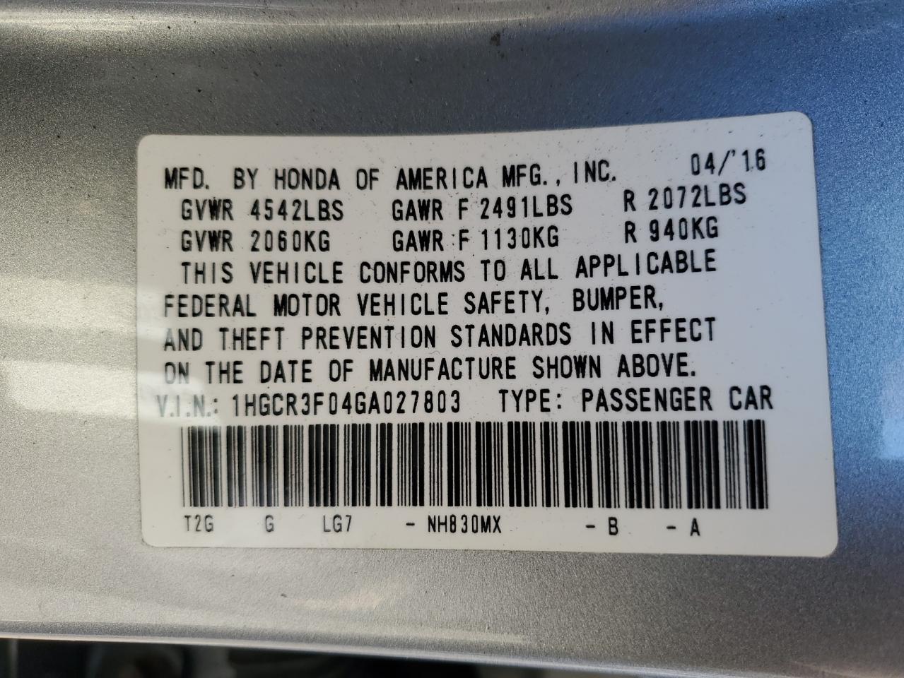 2016 HONDA ACCORD