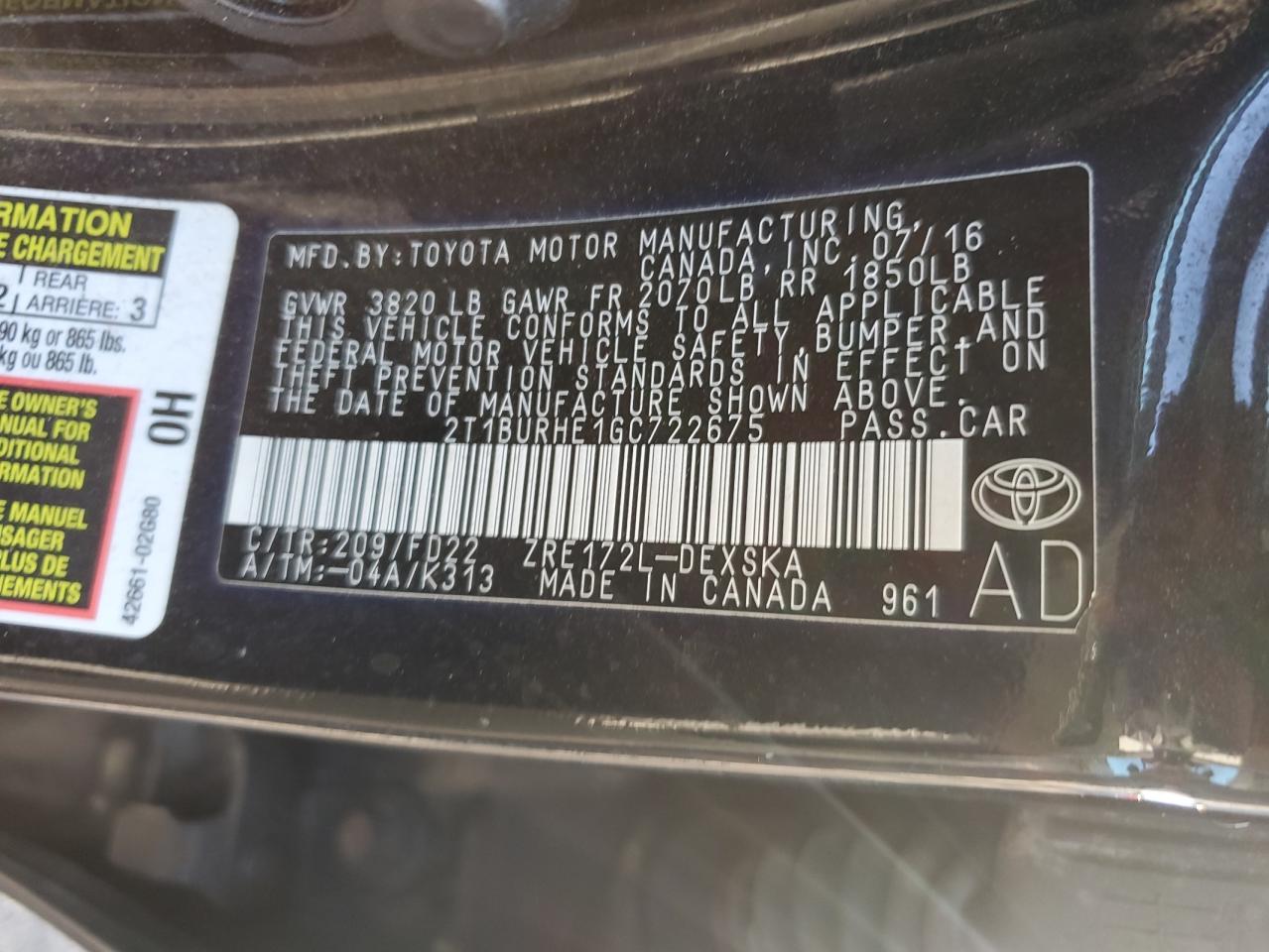 2016 TOYOTA COROLLA