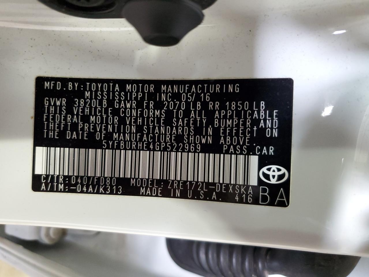2016 TOYOTA COROLLA