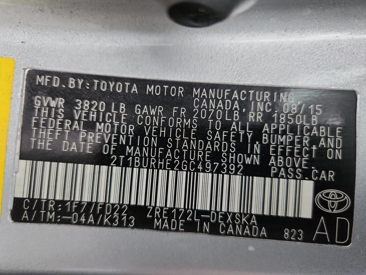 2016 TOYOTA COROLLA