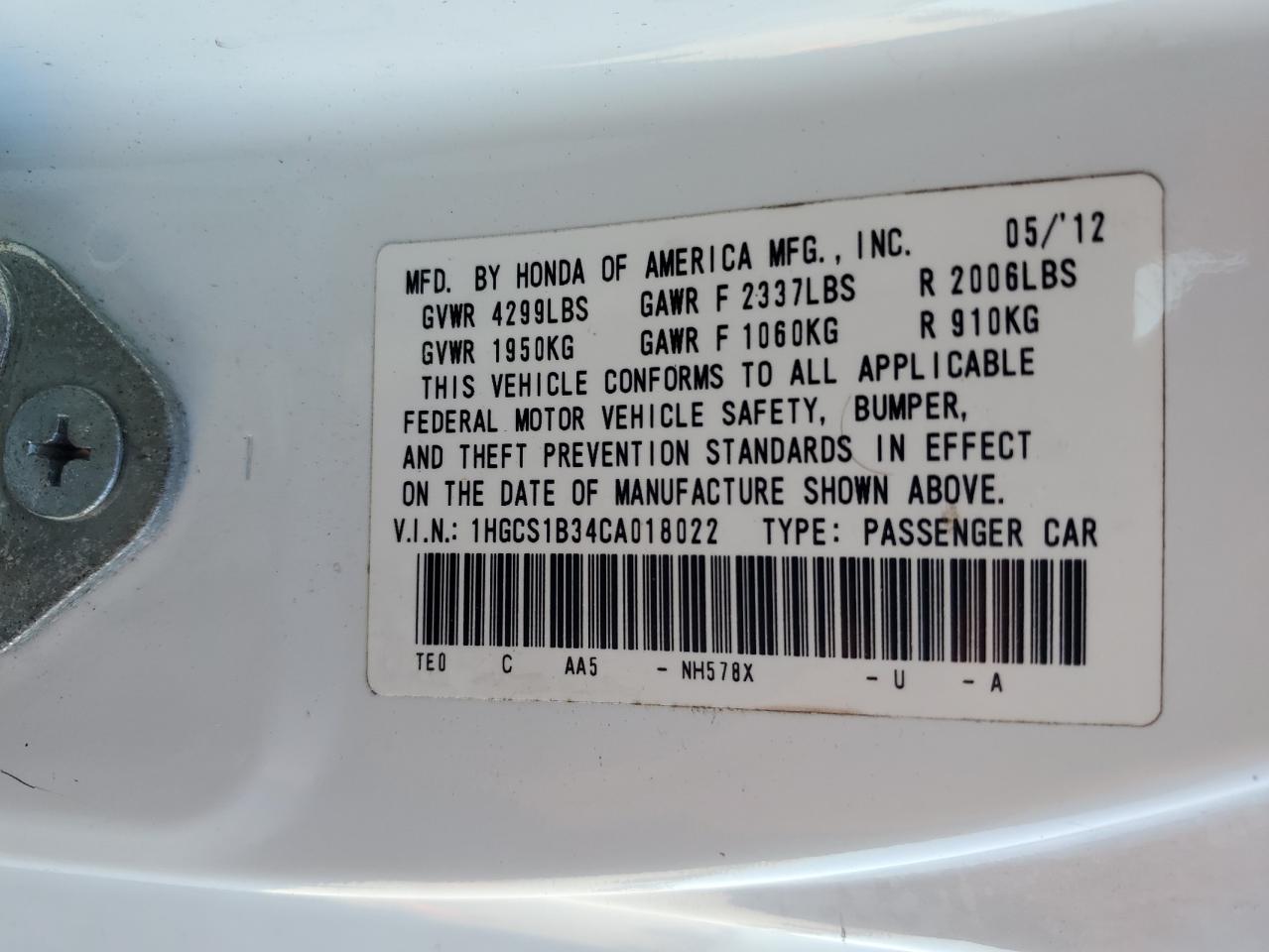 2012 HONDA ACCORD
