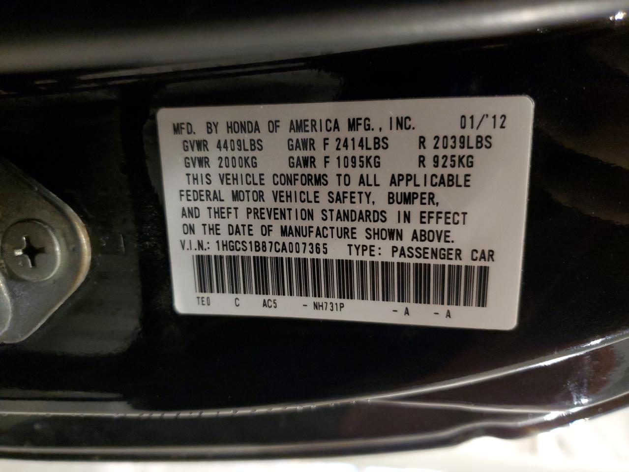 2012 HONDA ACCORD