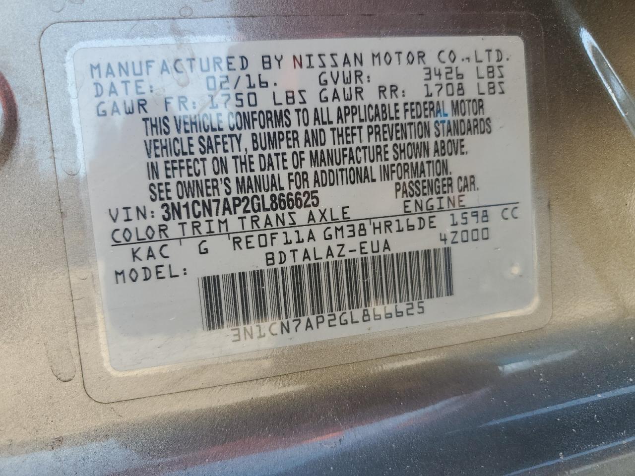 2016 NISSAN VERSA
