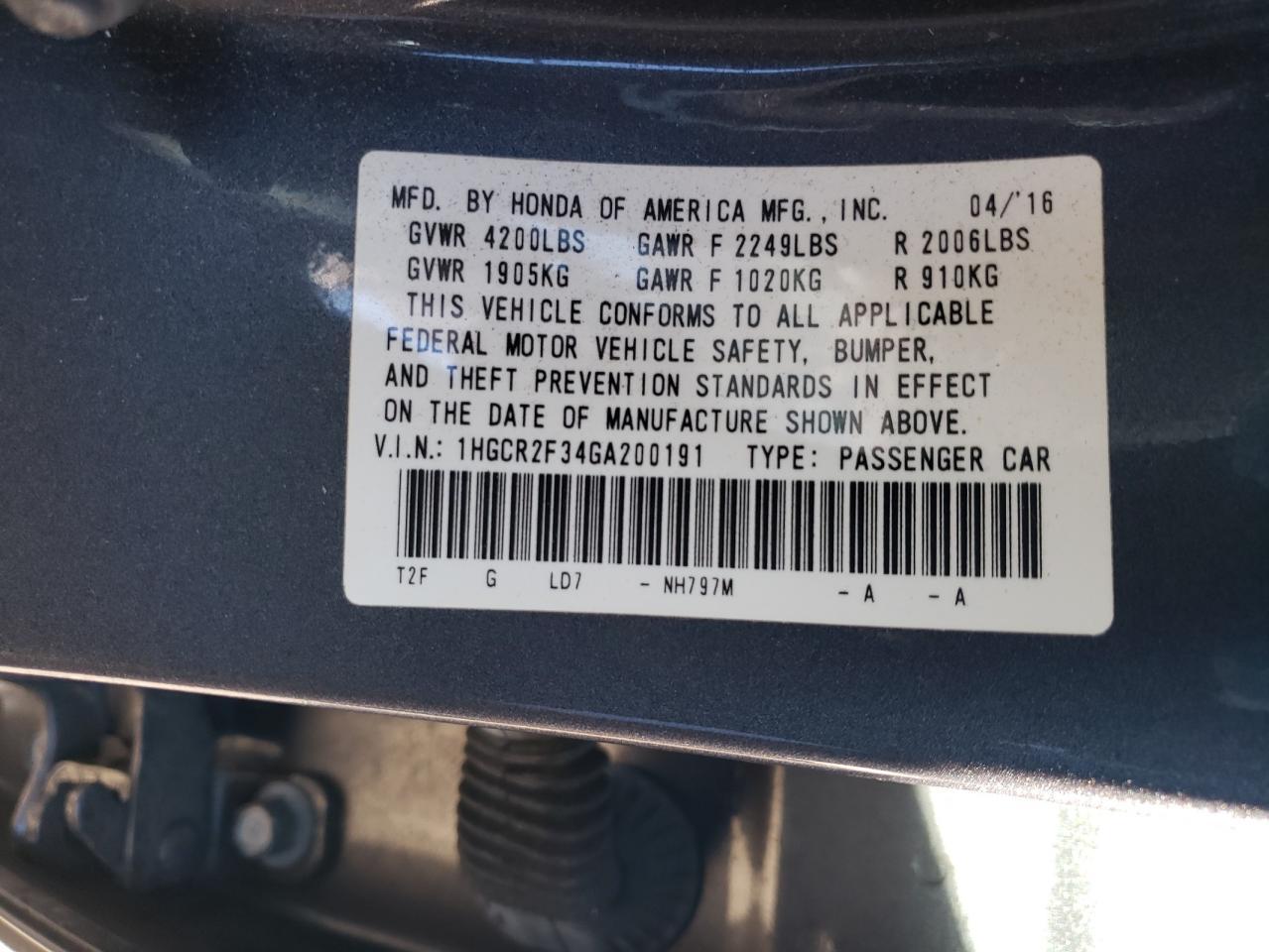 2016 HONDA ACCORD
