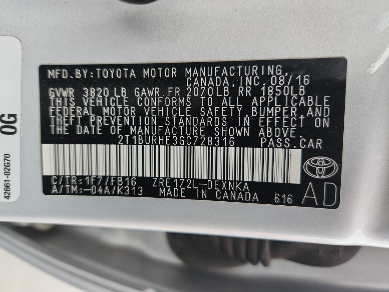 2016 TOYOTA COROLLA