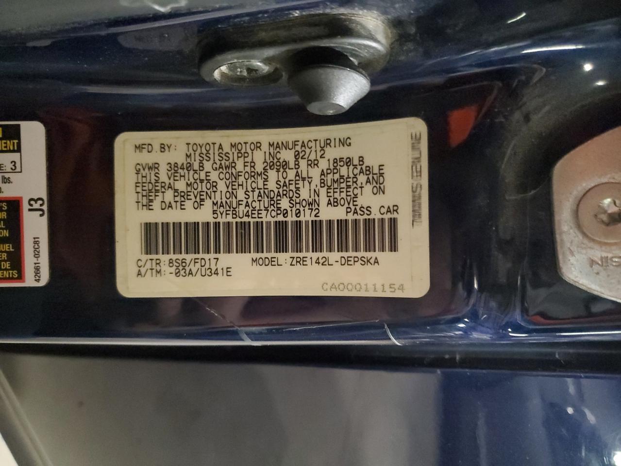 2012 TOYOTA COROLLA