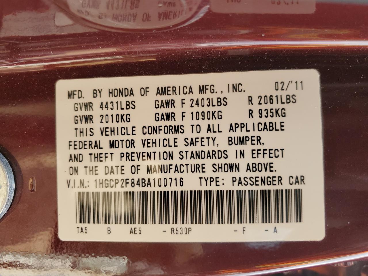 2011 HONDA ACCORD