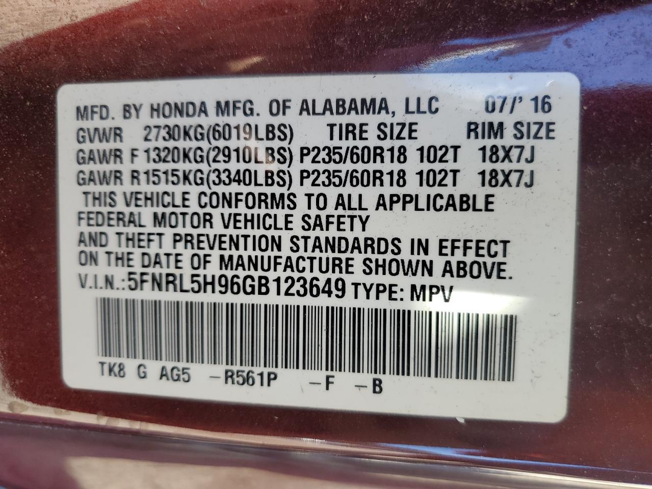 2016 HONDA ODYSSEY