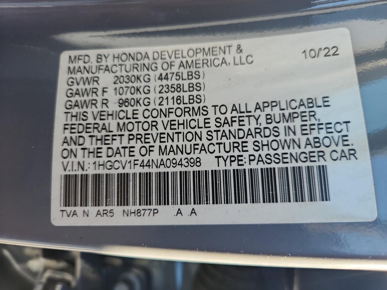 2022 HONDA ACCORD