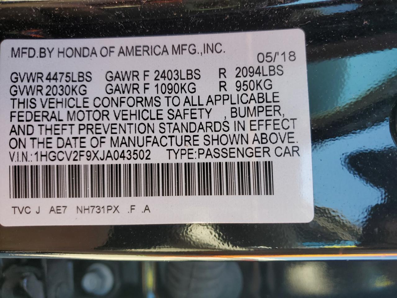 2018 HONDA ACCORD