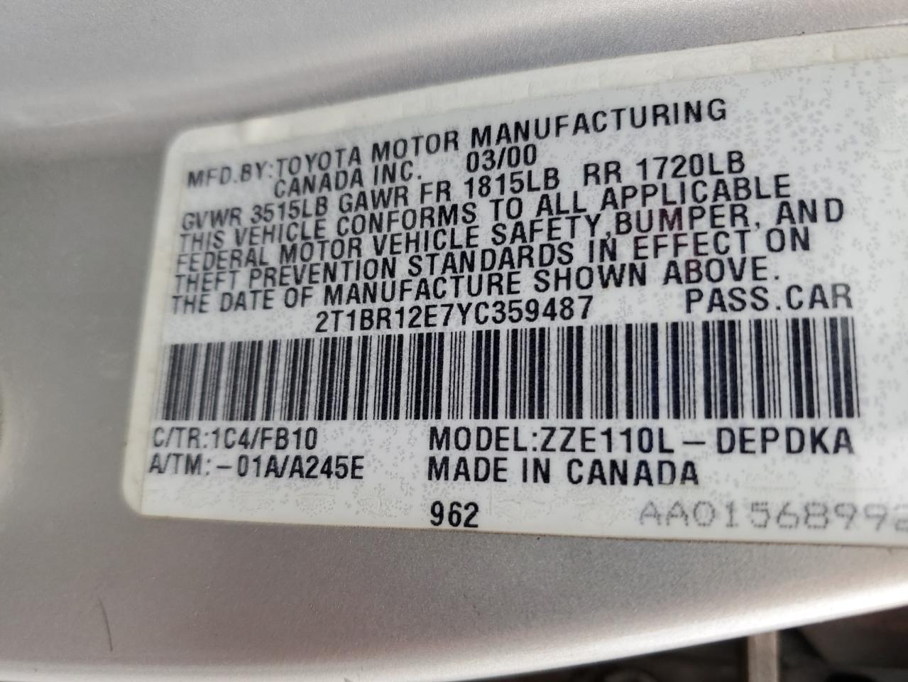 2000 TOYOTA COROLLA