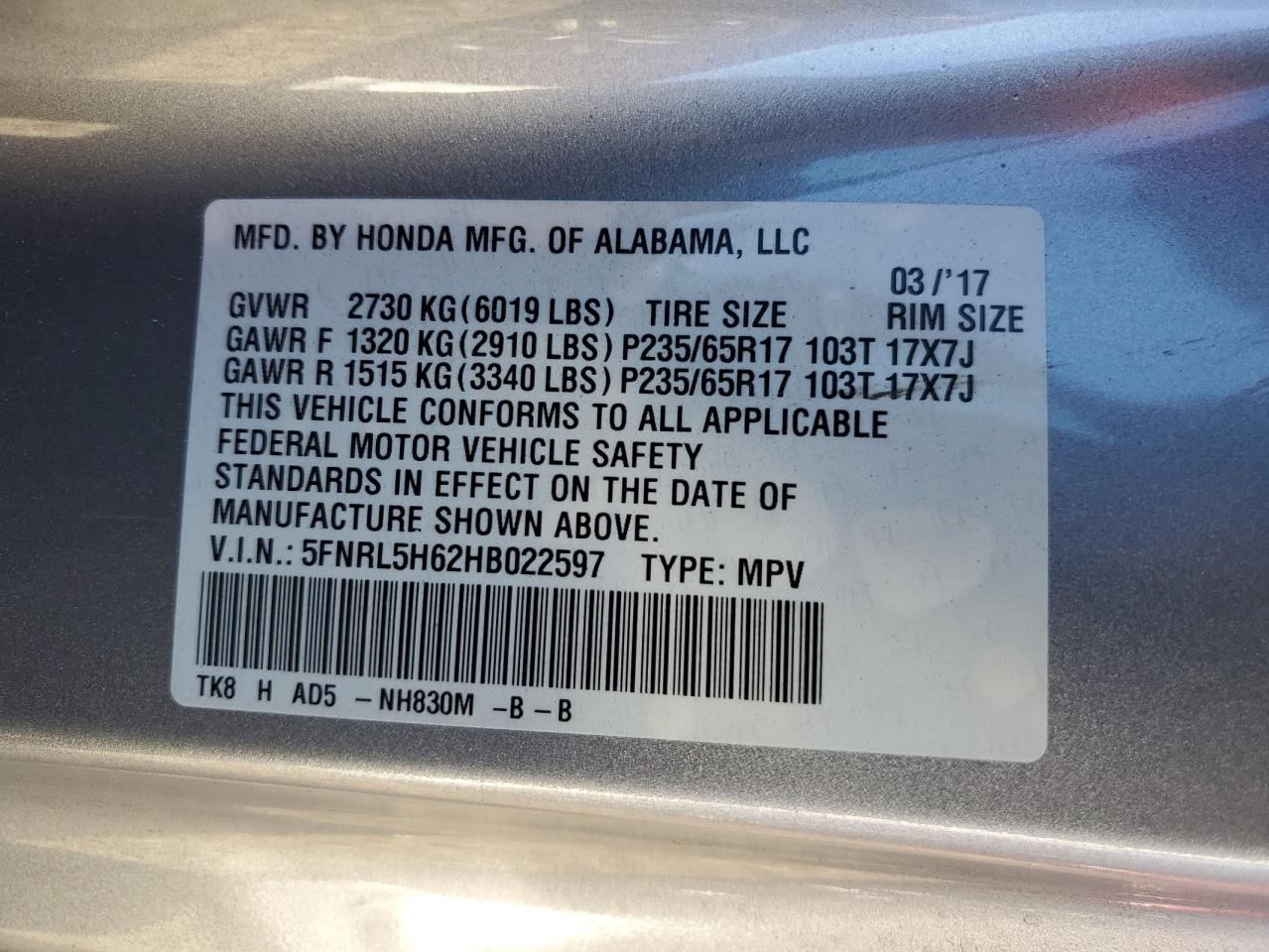 2017 HONDA ODYSSEY