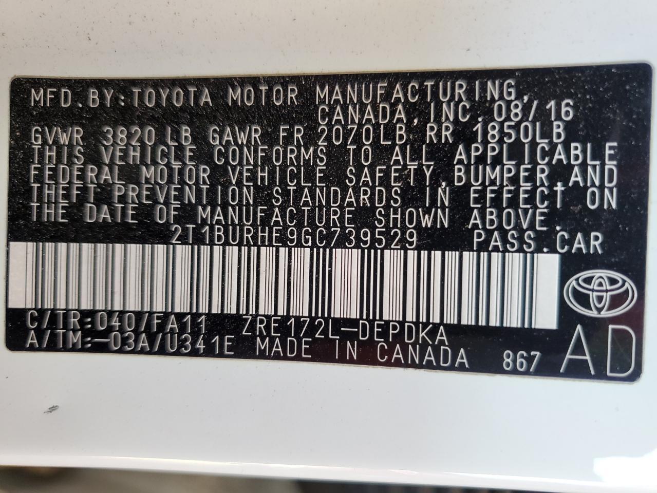 2016 TOYOTA COROLLA