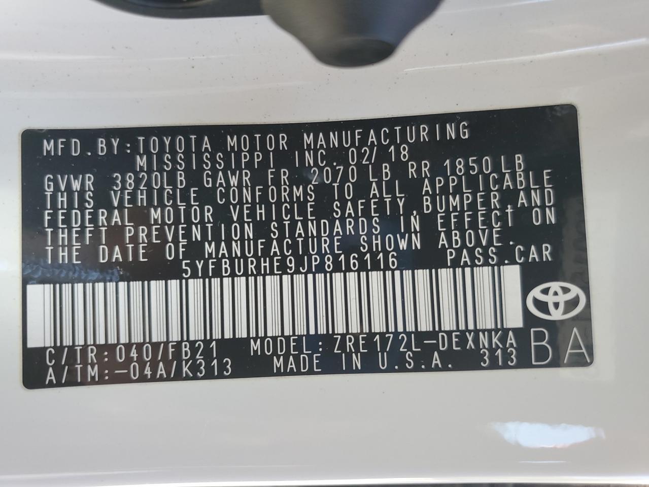 2018 TOYOTA COROLLA