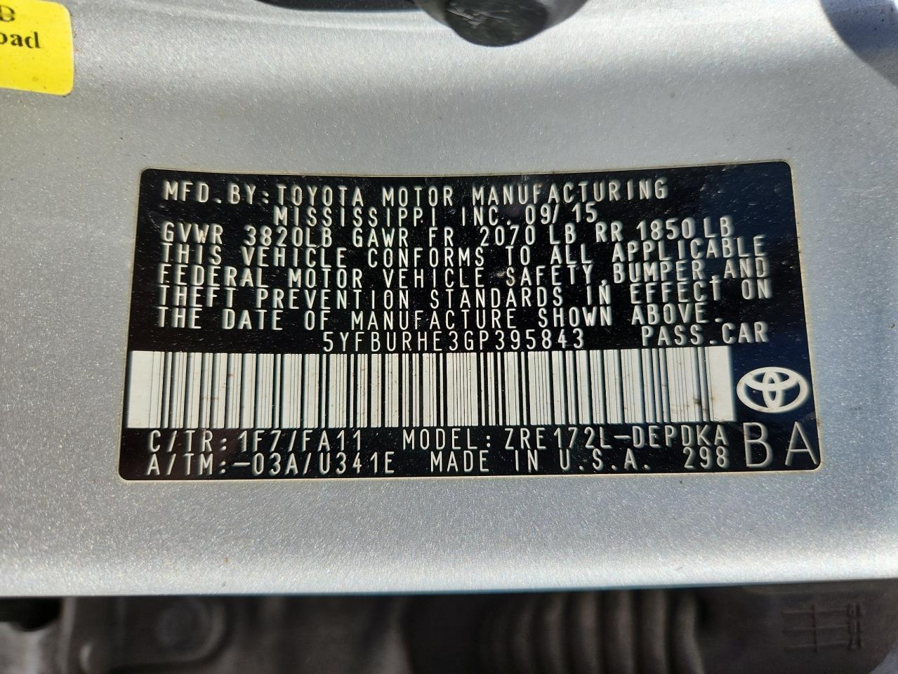 2016 TOYOTA COROLLA
