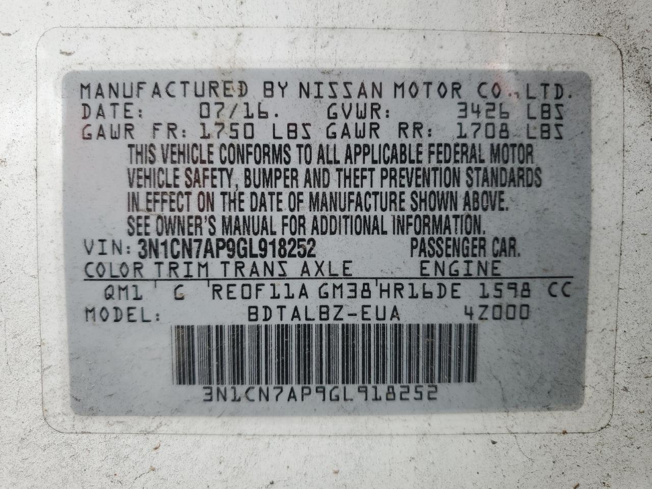2016 NISSAN VERSA