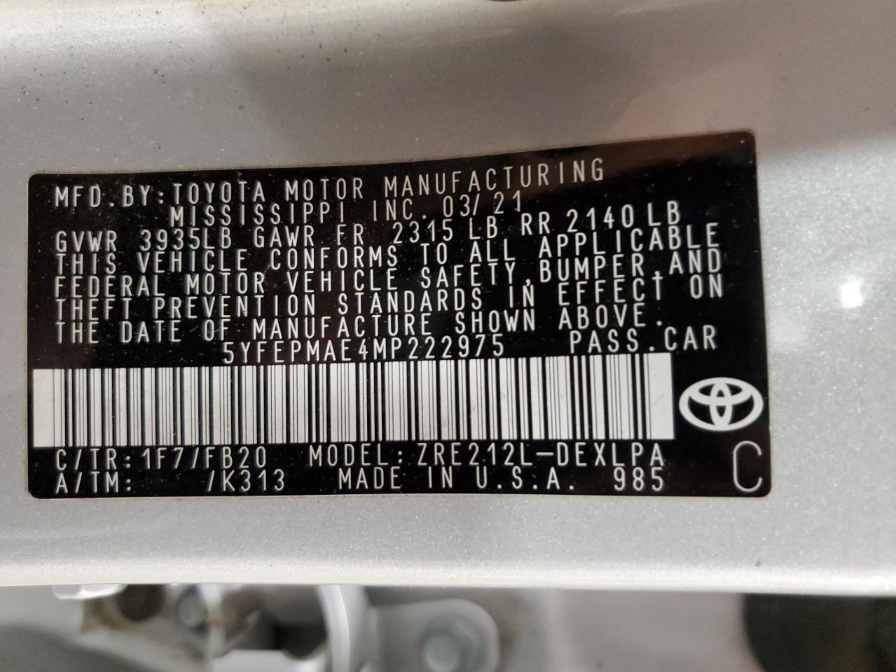 2021 TOYOTA COROLLA