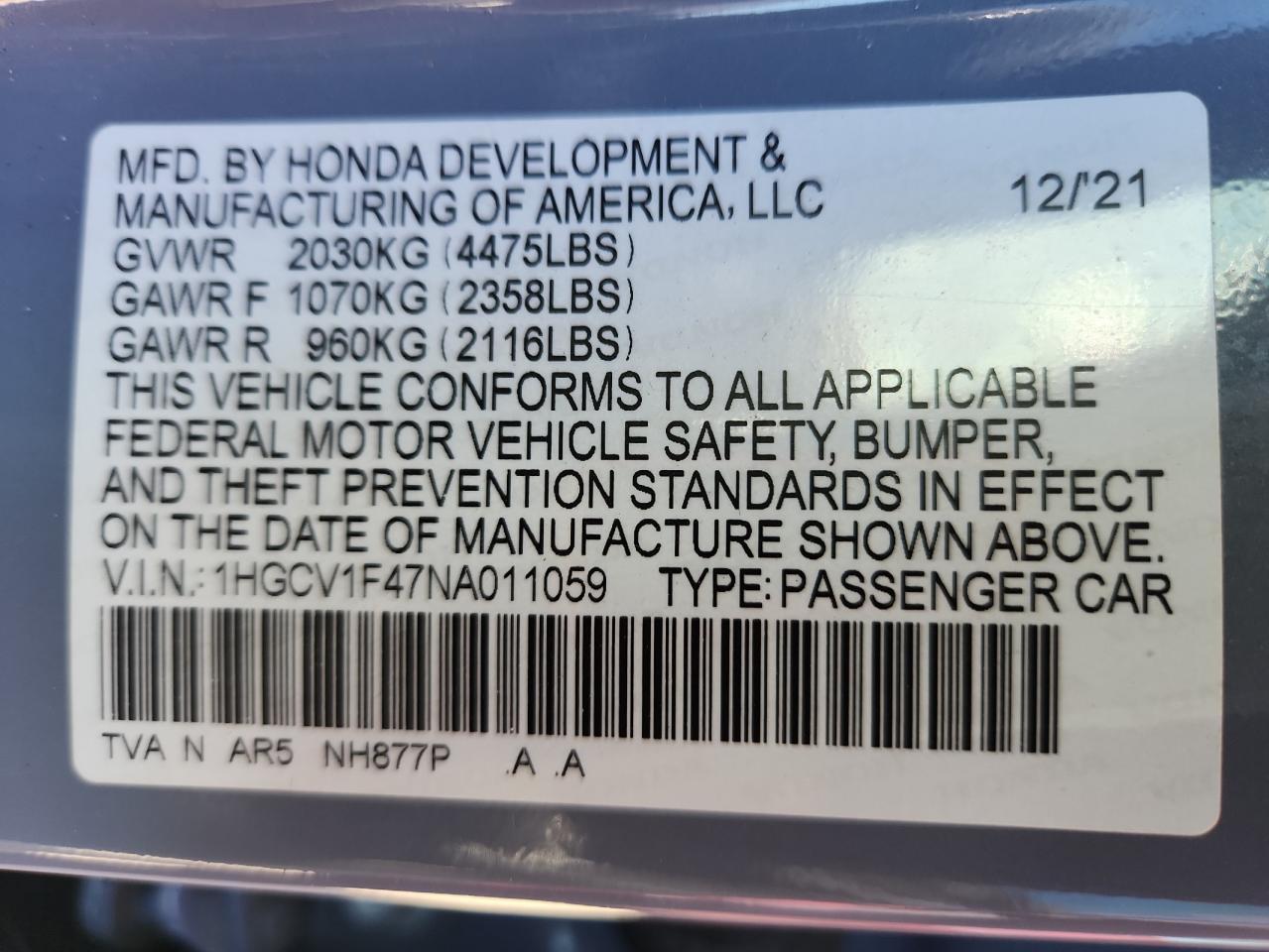 2022 HONDA ACCORD