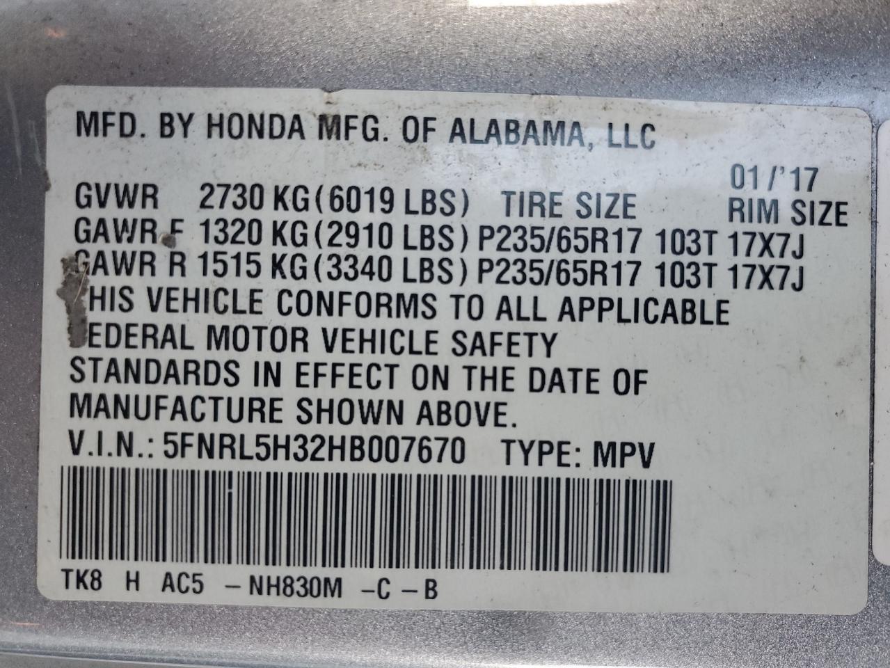2017 HONDA ODYSSEY