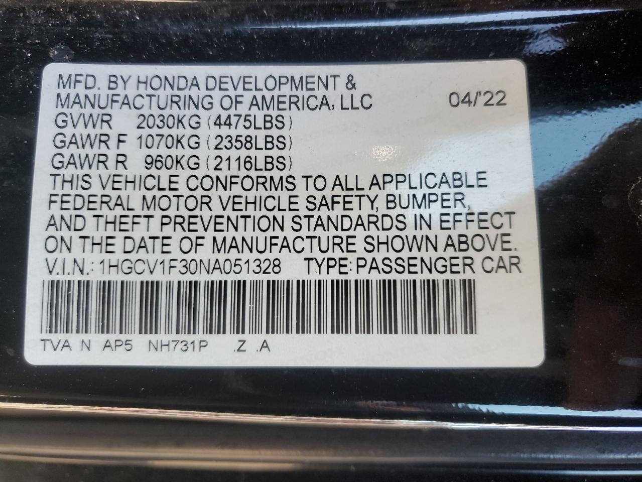 2022 HONDA ACCORD