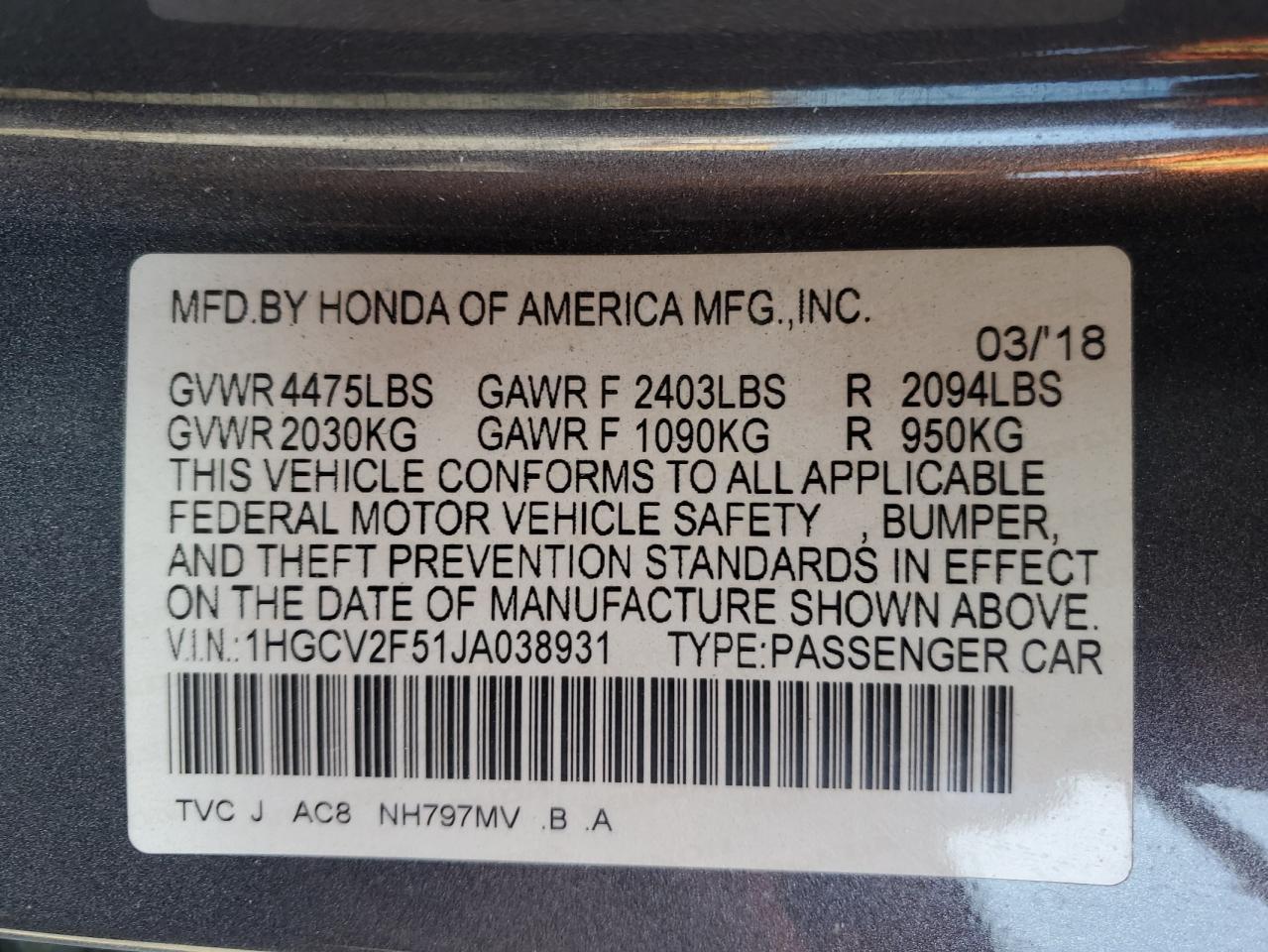 2018 HONDA ACCORD