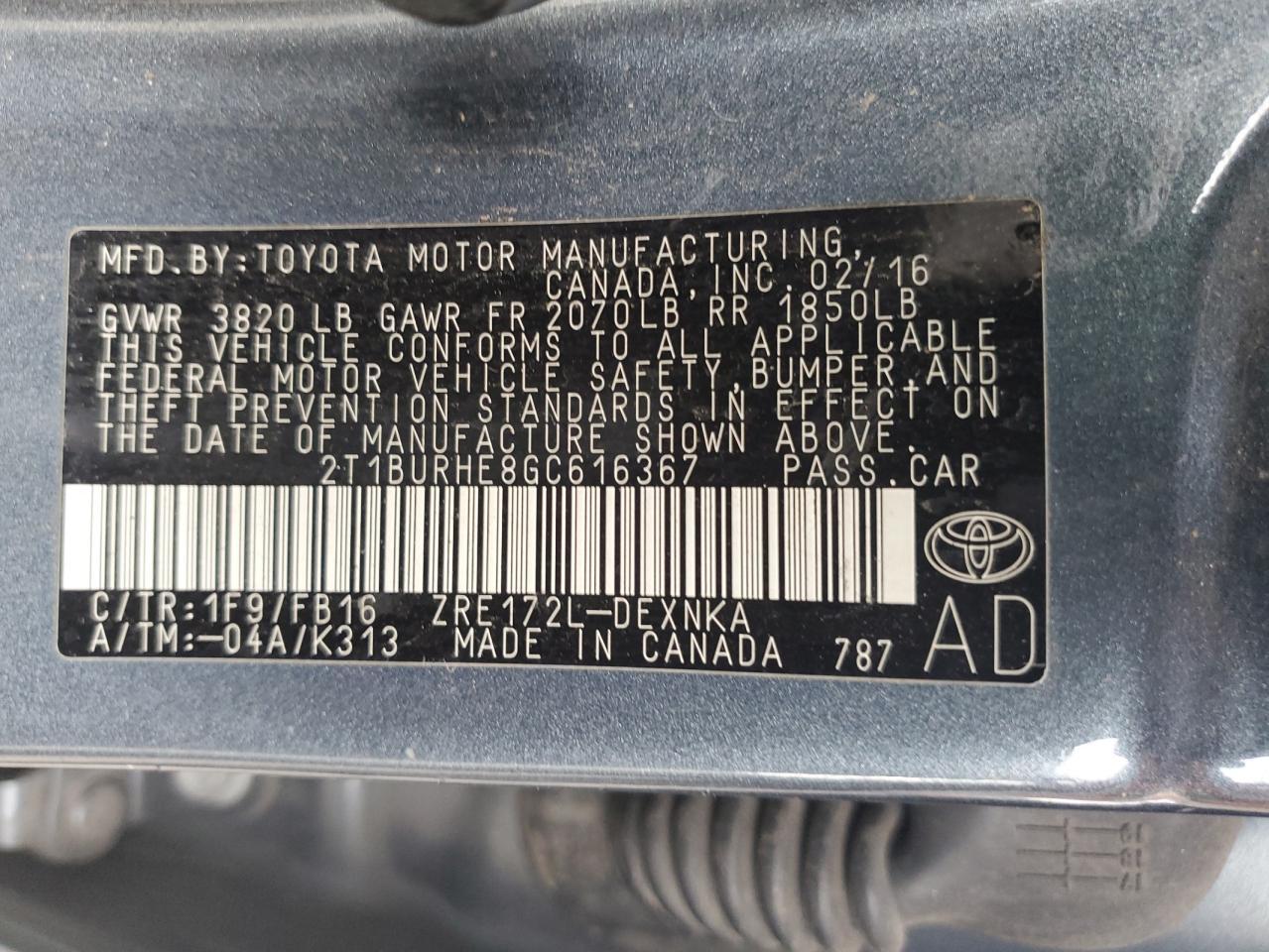 2016 TOYOTA COROLLA