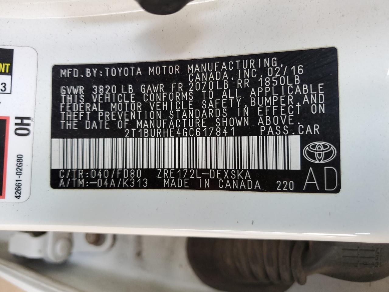 2016 TOYOTA COROLLA