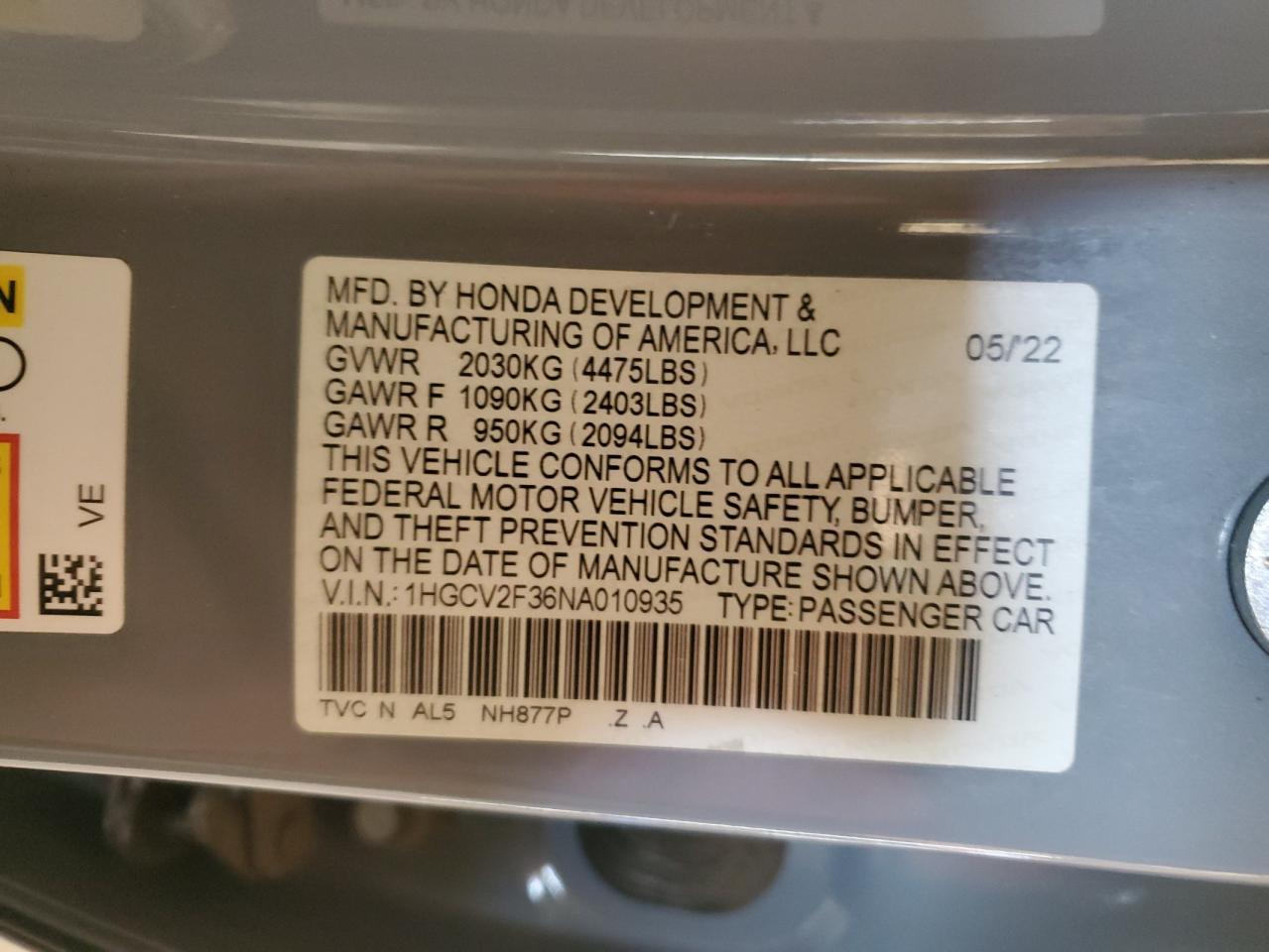2022 HONDA ACCORD