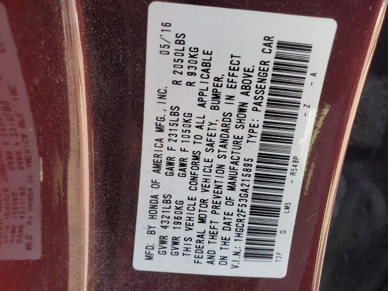2016 HONDA ACCORD