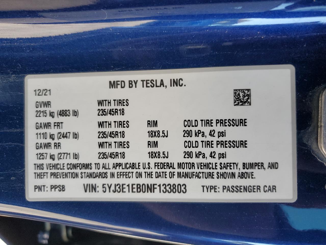 2022 TESLA MODEL 3