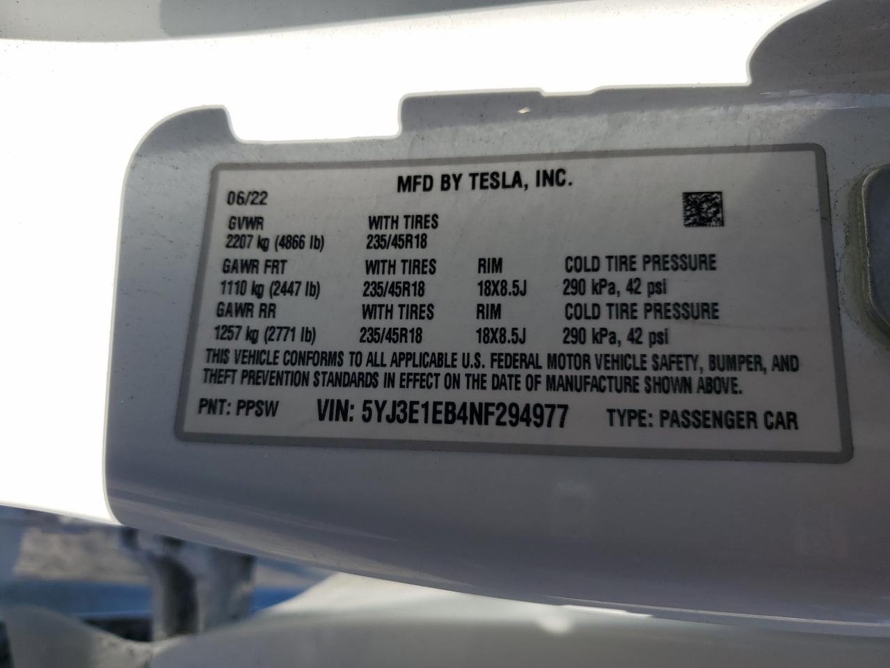 2022 TESLA MODEL 3