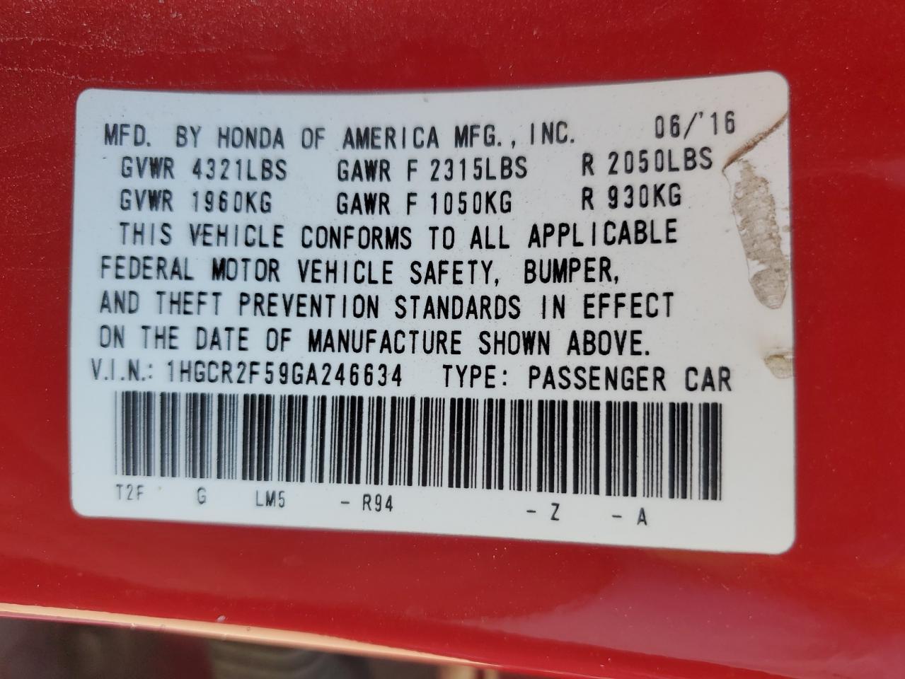 2016 HONDA ACCORD
