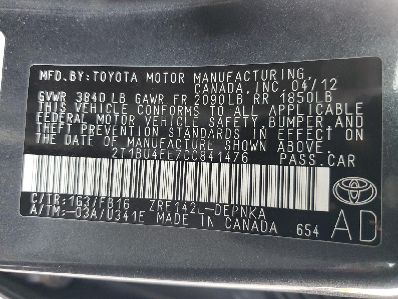 2012 TOYOTA COROLLA