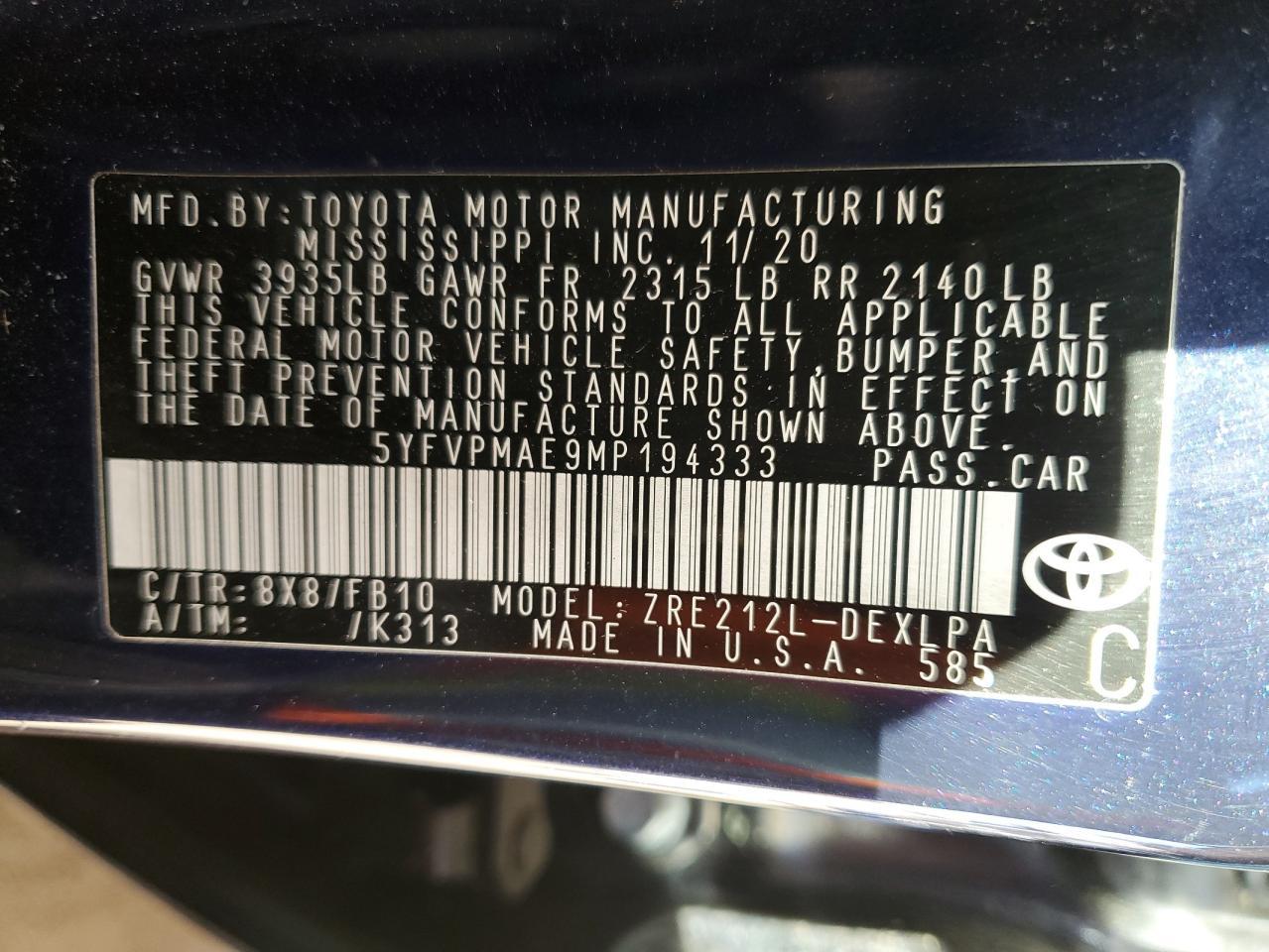 2021 TOYOTA COROLLA