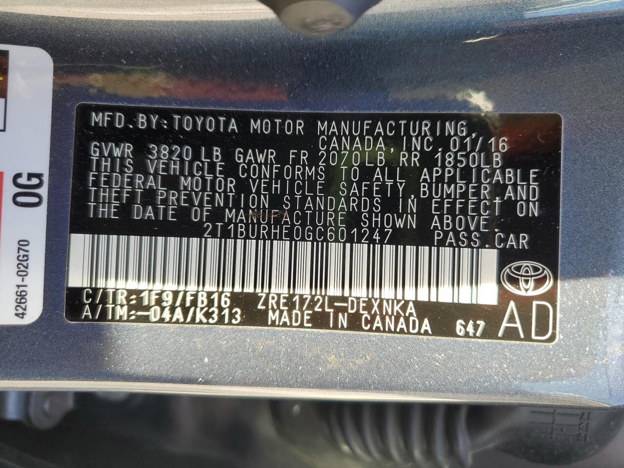 2016 TOYOTA COROLLA