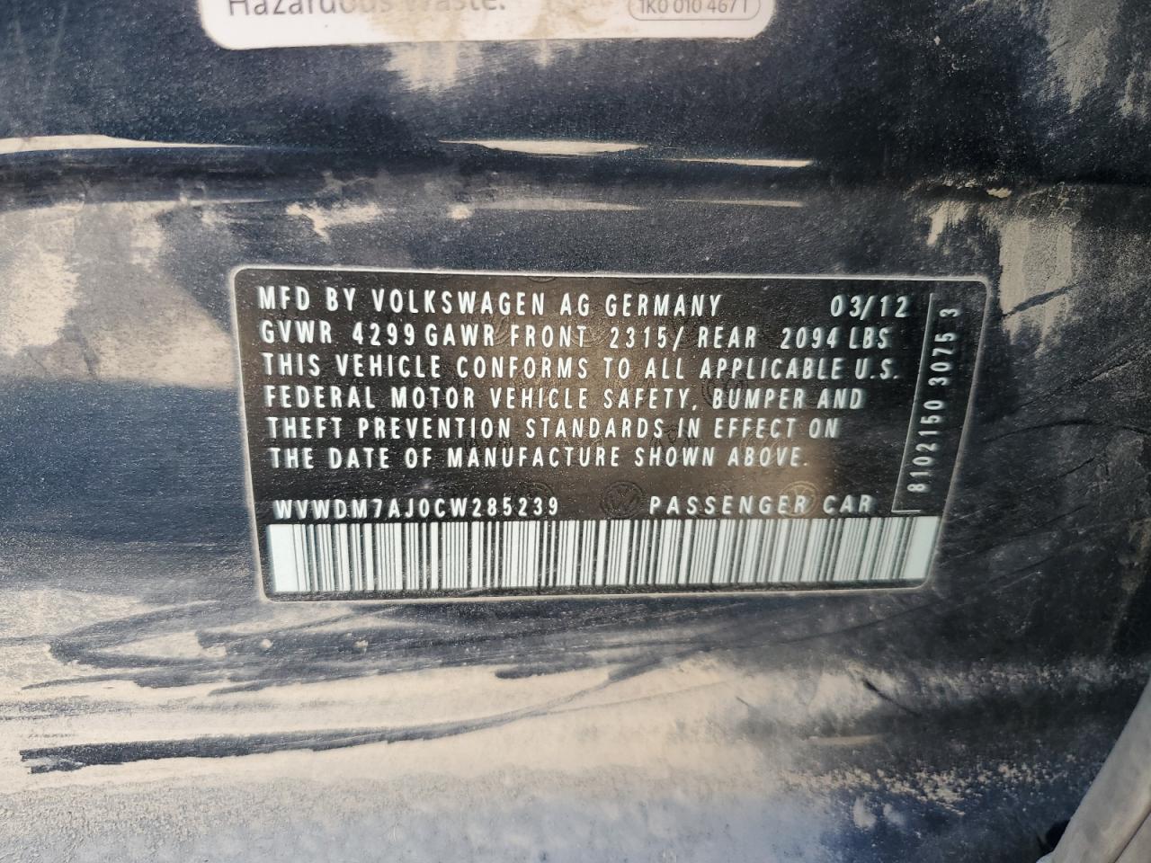 2012 VOLKSWAGEN GOLF