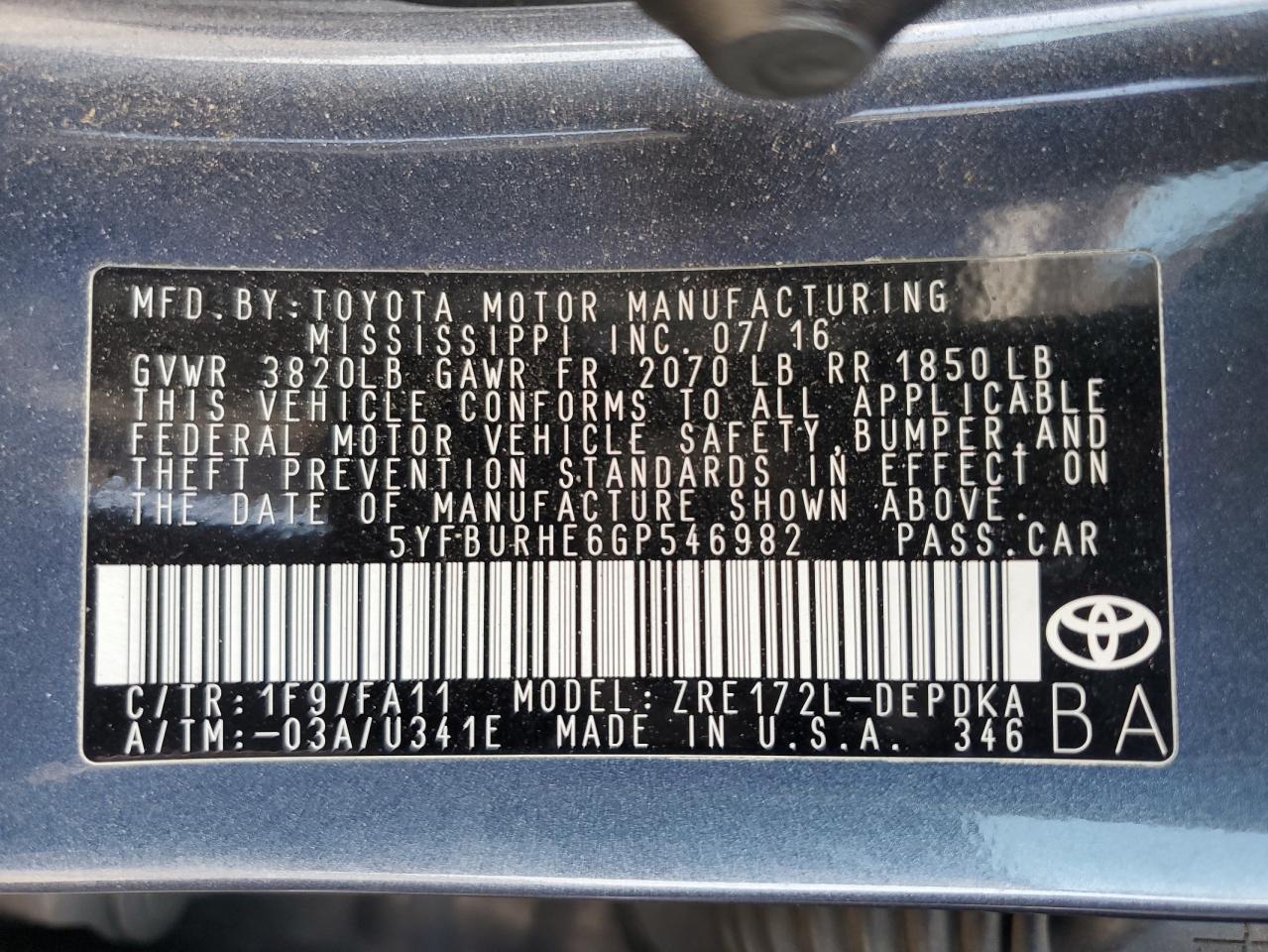 2016 TOYOTA COROLLA
