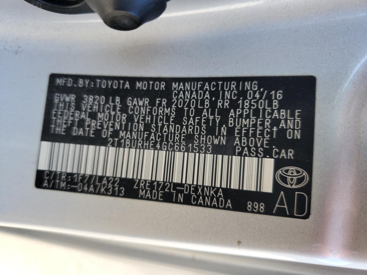 2016 TOYOTA COROLLA