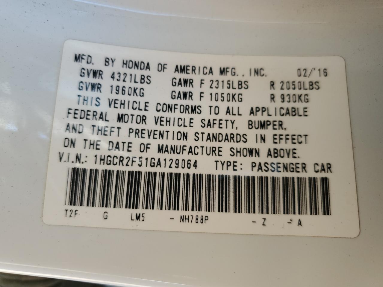 2016 HONDA ACCORD