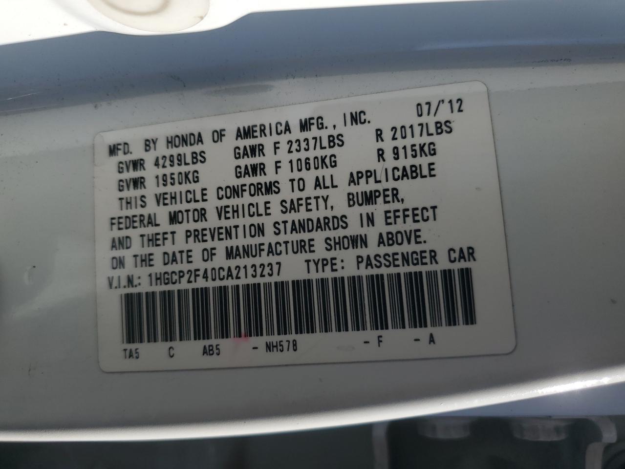 2012 HONDA ACCORD