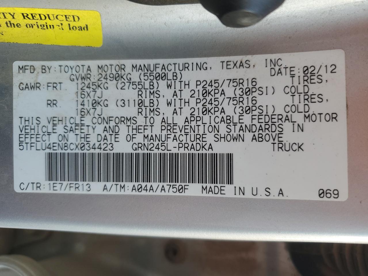 2012 TOYOTA TACOMA