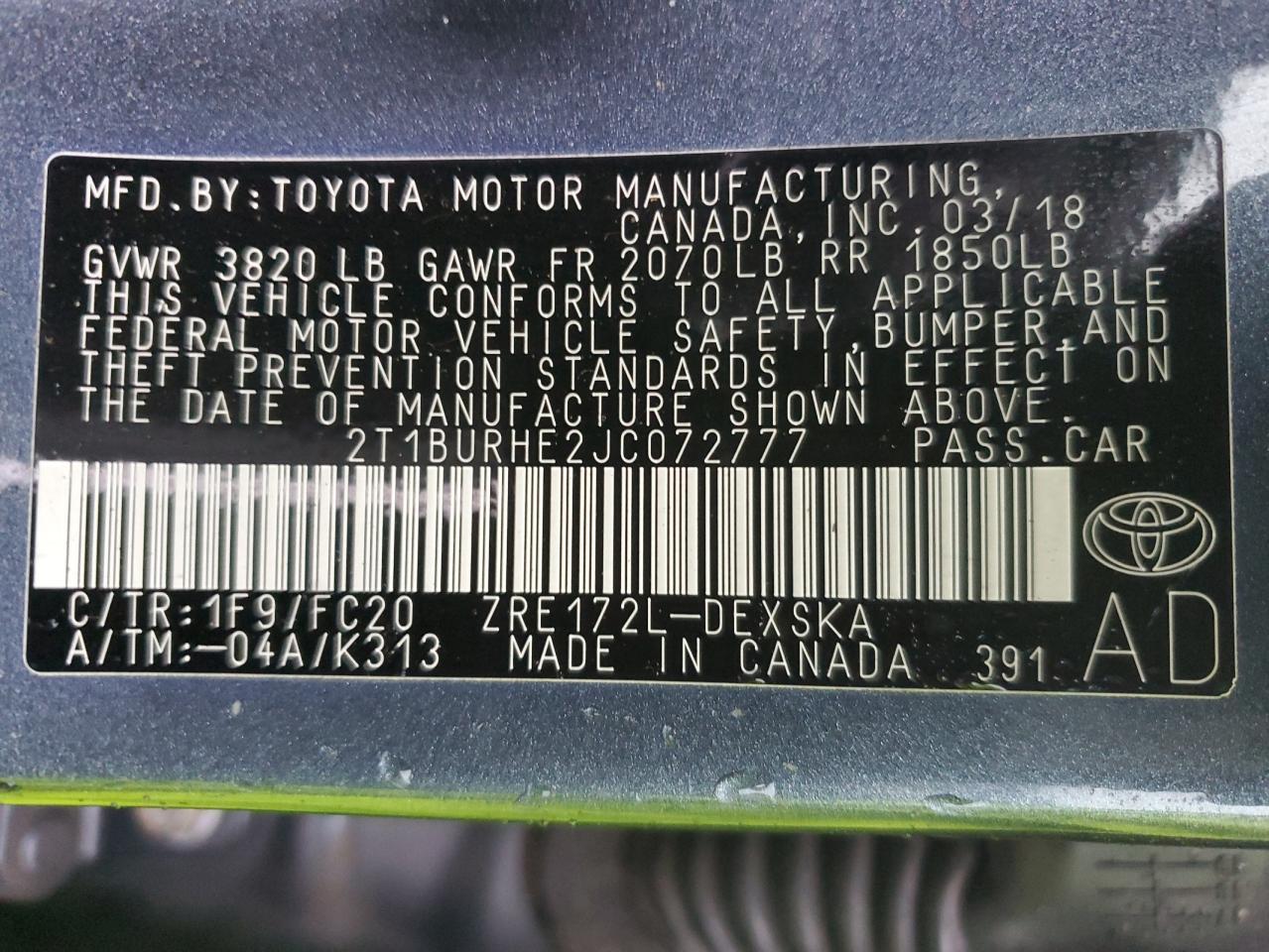 2018 TOYOTA COROLLA