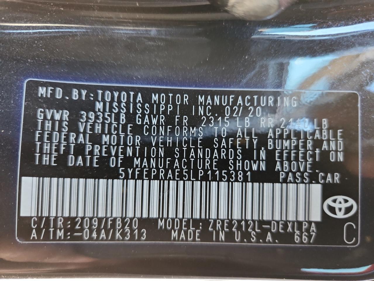 2020 TOYOTA COROLLA