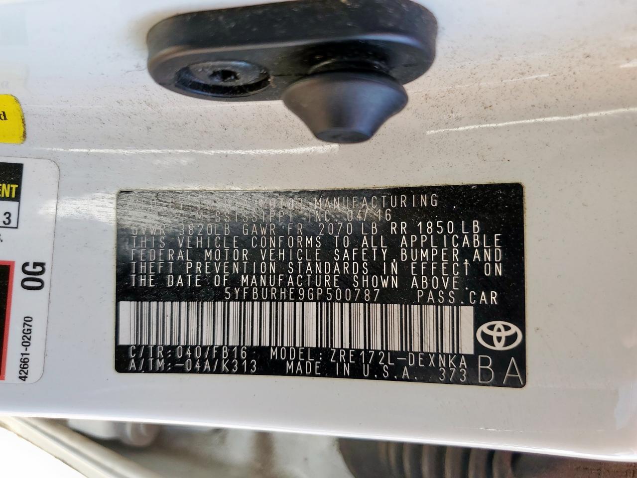 2016 TOYOTA COROLLA