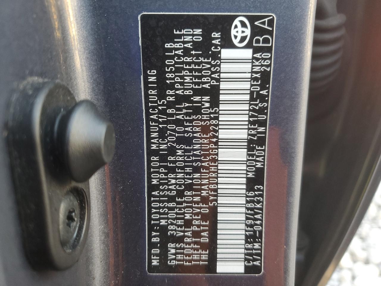 2016 TOYOTA COROLLA